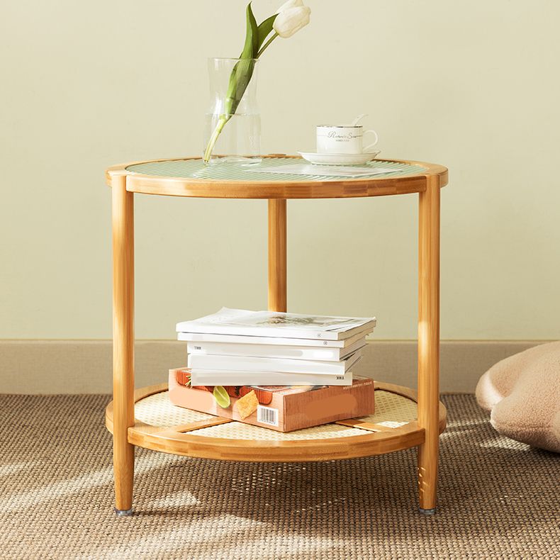 19.68" Tall Round Glass Top Side Table Wood 3 Legs End Table with Shelf