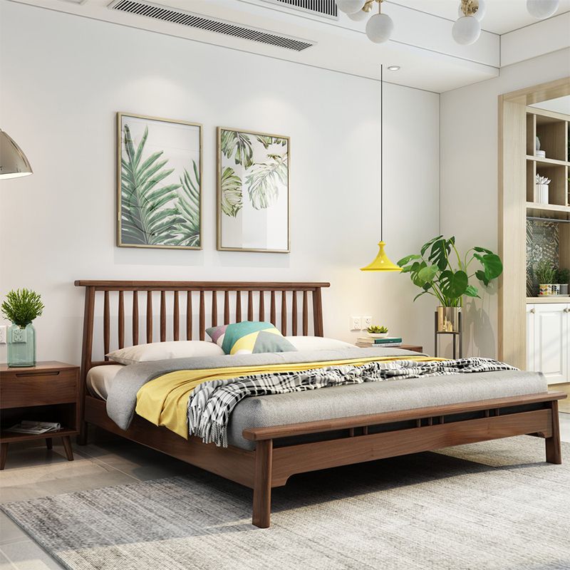 Scandinavian Spindle Headboard Bed with Open-Frame and Wooden Legs