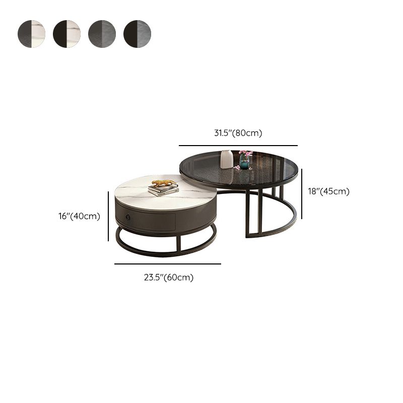 Table basse ronde avec plateau en verre, ensemble de 2 tables basses gigognes avec rangement