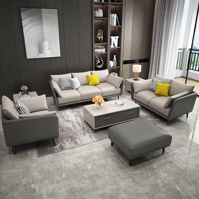 ステイン耐性標準のフェイクレザースクエアアームセッテソファ枕付き