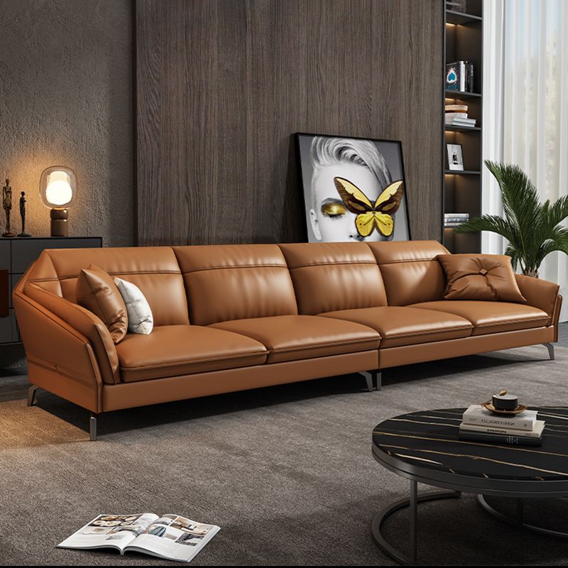 Sloped Arms Genuine Leather Sectional Sofa 35.43"High Cushion Back Sofa, Dark Brown Clearhalo 'furn' 'furn_sectionals' 'Furniture' 'furniture_sectionals' 'kitchen' 'kitchen_sectionals' 'Living Room Furniture' 'Sectionals' 1200x1200_f7d9c249-6123-419f-9dc5-7ff2798dedae