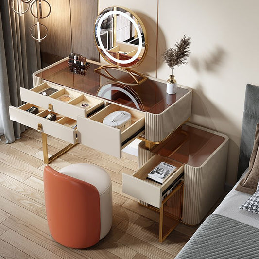 Set di sgabelli da toeletta da top con vetro di vanità per trucco leggero