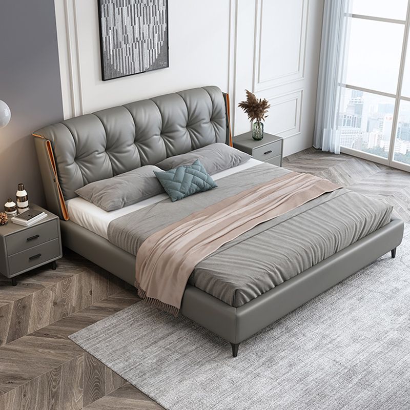 Contemporary Grey Standard Bed with Upholstered Headboard in Solid Wood Clearhalo 'Bedroom Furniture' 'Beds' 'furn' 'furn_beds' 'Furniture' 1200x1200_f7faa61f-2bd4-4dfe-8b2c-1edd956f0c8c