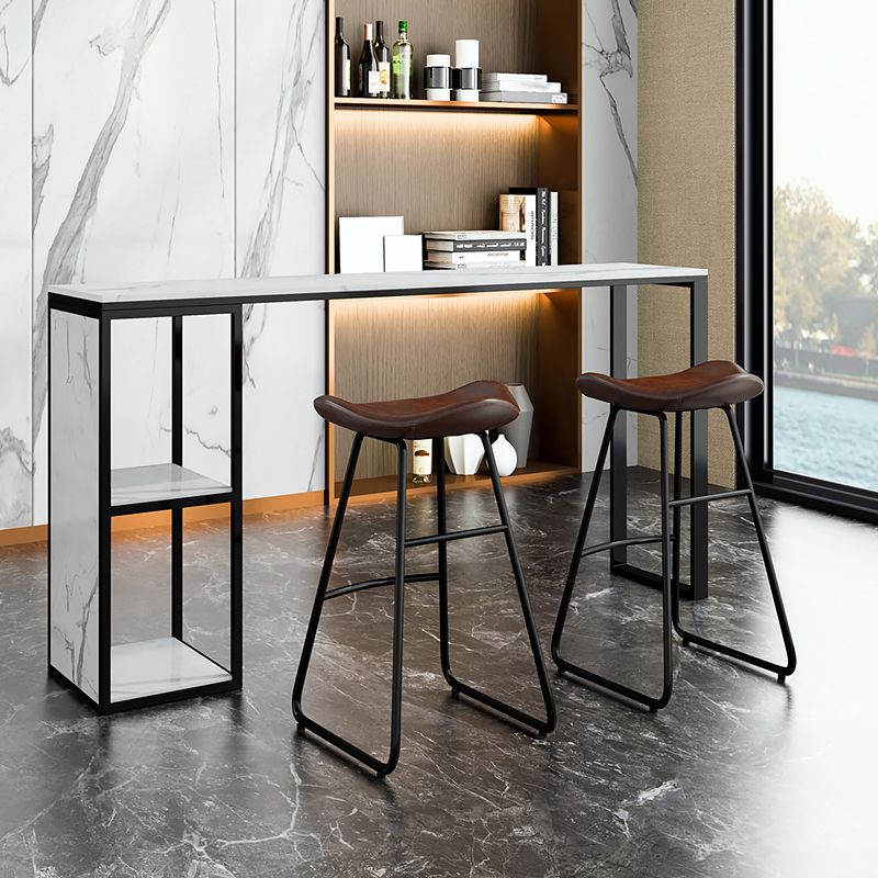 Glam Rectangle Faux Marble Bar Table Double Pedestal Bar Table with 2-Shelf, Only Table Clearhalo 'Bar Furniture' 'Bar Tables' 'bar_tables' 'furn' 'furn_bar_tables' 'Furniture' 'furniture_bar_tables' 'Kitchen & Dining Furniture' 1200x1200_f7fb6539-a3cb-4eb8-bace-02267138c3c3