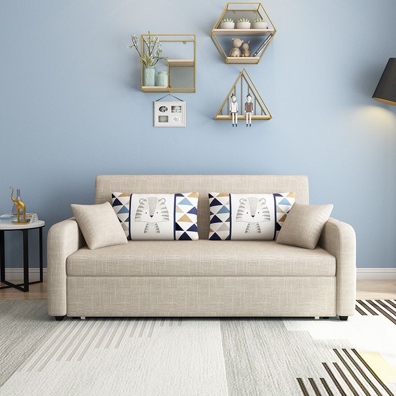 Eigentijdse katoenen blend vierkante armbank bed met kussens in bruin