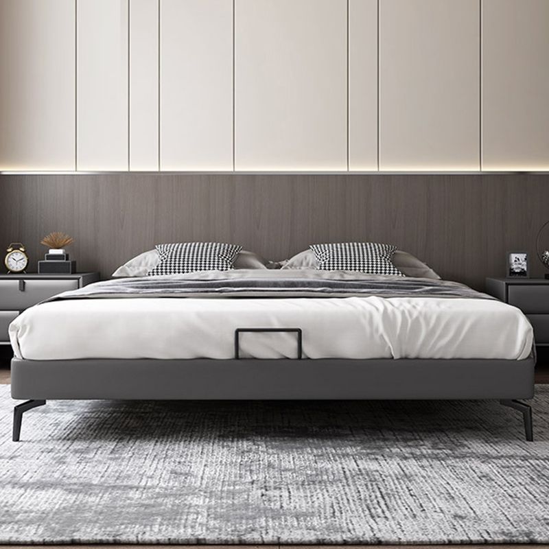 Piattaforma grigio scuro letto in legno e piattaforma imbottita con gambe metalliche