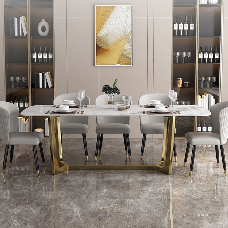 Luxury Sintered Stone Top Table Rectangle Table with Trestle Base in Gold Clearhalo 'Dining Tables & Seating' 'Dining Tables' 'dining_table' 'furn' 'furn_dining_table' 'Furniture' 'furniture_dining_table' 'Kitchen & Dining Furniture' 'kitchen' 'kitchen_dining_table' 1200x1200_f81d398f-4285-43bd-825f-cae879a1a854