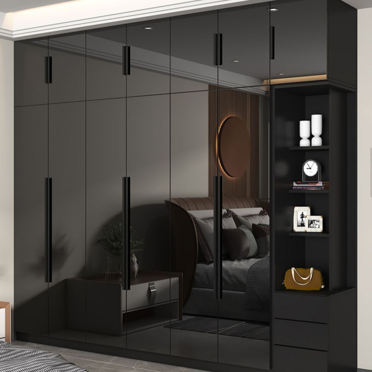 Modern Glass Doors Wardrobe Cabinet Black Bedroom Storage Cabinet