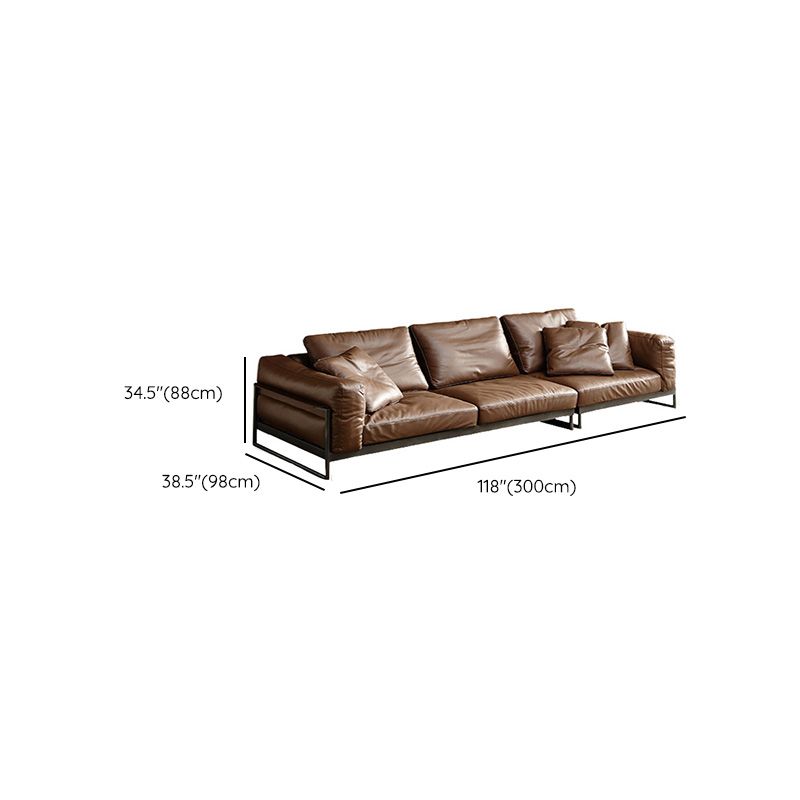 Square Arm Loose Back Sofa Mid Century Modern Genuine Leather Sofa in Brown
