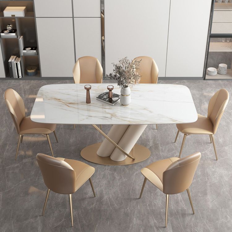 Modern Style Sintered Stone Dining Set with White Rectangle Shape Table and Trestle Base Clearhalo 'Dining Room Sets' 'Dining Tables & Seating' 'dining_room_set' 'Furniture' 'furniture_dining_room_set' 'Kitchen & Dining Furniture' 'kitchen&dining_furn' 'kitchen' 1200x1200_f87518a7-63c3-4195-a302-970931ecdf99