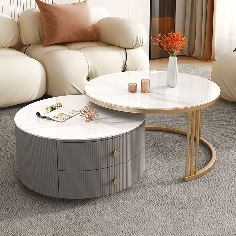 Metal Anb Glass Coffee Table Set Round Nesting Coffee Table Set with 2 Drawers Clearhalo 'Coffee & Accent Tables' 'Coffee Tables' 'coffee_tables' 'furn' 'furn_coffee_tables' 'Furniture' 'Living Room Furniture' 1200x1200_f876f708-49f3-4733-b69a-548b5ec5ce75