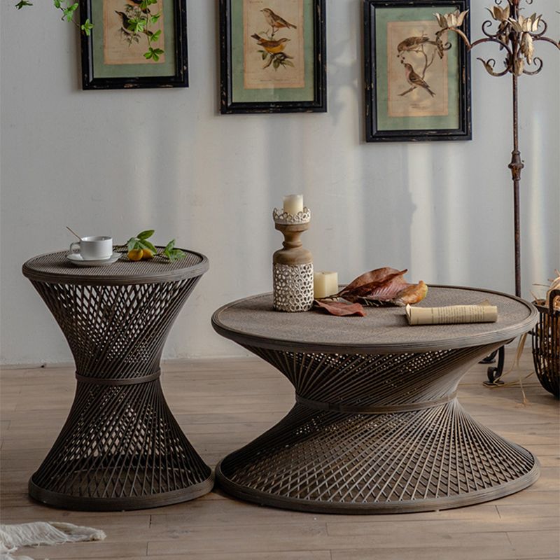 French Country Round Rattan Coffee Table Distressed Brown Cocktail Table