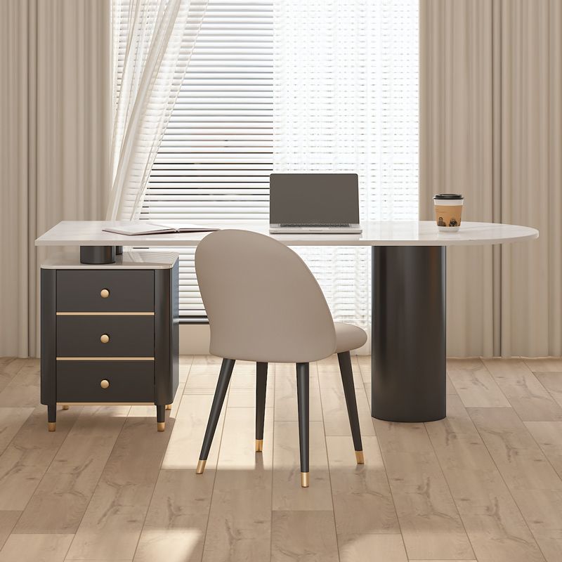 White Pedestal Writing Desk Glam Office Desk with 3 Storage Drawers Clearhalo 'furn' 'furn_office_desk' 'Furniture' 'Office Desks' 'Office Furniture' 'office_desk' 1200x1200_f8b02822-4faa-4dab-8e49-f15743958cd1