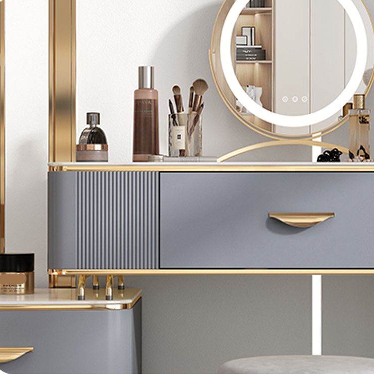 Dusineurs en bois massif Ensemble de vanité avec haut en pierre et tabouret rembourré en gris