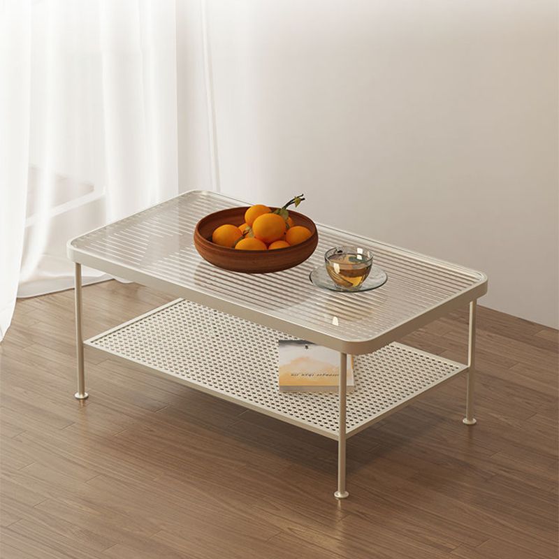 Salontafel met 4 poten, eigentijdse koffiecocktailtafel met glazen blad en plank