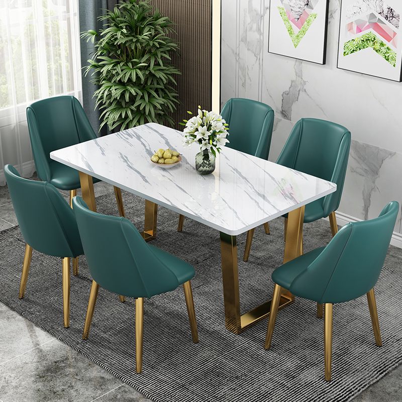 Table rectangulaire de luxe traditionnelle en métal, table en pierre frittée blanche avec base luge
