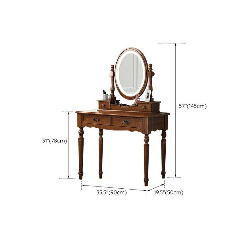 Vanity di trucco in legno in solido marrone con cassetti e tavolo da toeletta a specchio