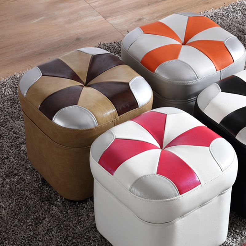 Modern Square Ottoman Contrast Panel Genuine Leather Indoor Footstool Ottoman