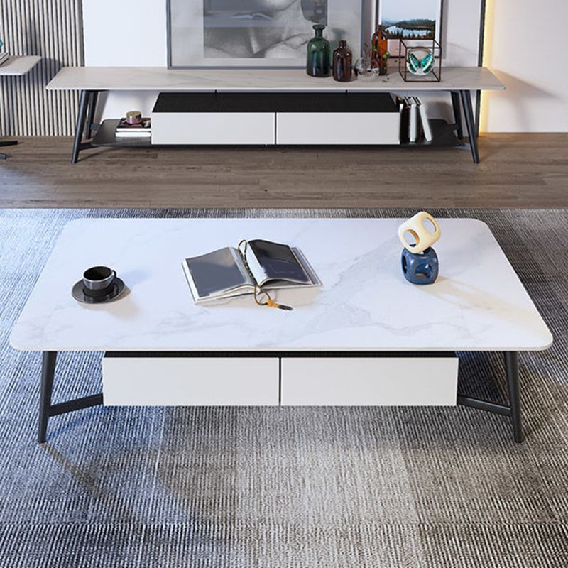 4 Legs Base Rock Slate Top Cocktail Table Metal Iron Base Rectangular Coffee Table