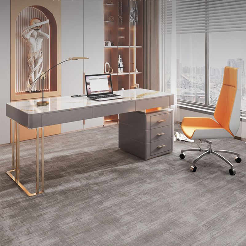 Grey Office Desk Mirrored Rectangular Drawers Storage Desk with Metal Leg Clearhalo 'furn' 'furn_office_desk' 'Furniture' 'Office Desks' 'Office Furniture' 'office_desk' 1200x1200_f97ae76c-5075-40a5-a80d-4e2eba276981