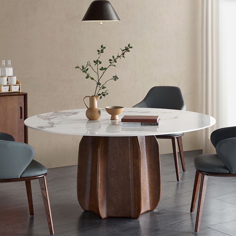 Mesa de comedor redonda Top de piedra moderna Mesa de comedor con pedestal de madera maciza