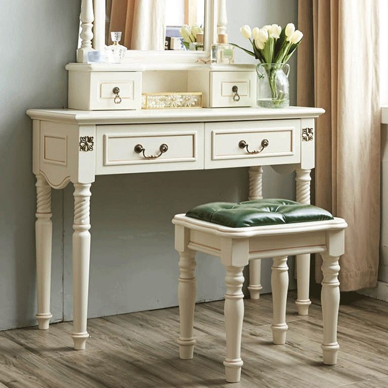 Sgabello da toeletta per trucco per vanità in legno massiccio vittoriano con specchio in bianco