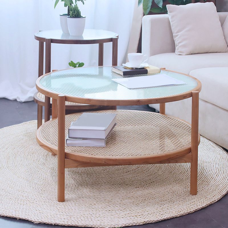 4 Legs Bunching Table with Solid Wood Base Round Coffee Table with Tempered Glass Top Clearhalo 'Coffee & Accent Tables' 'Coffee Tables' 'coffee_tables' 'furn' 'furn_coffee_tables' 'Furniture' 'Living Room Furniture' 1200x1200_f9c2ecc4-aa8b-4d0e-a05a-9b89598799e7
