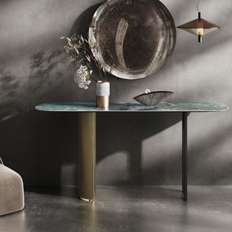 16 Inch Wide Glam Accent Table Oval Stone Console Table for Hall