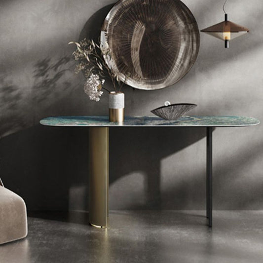 16 Inch Wide Glam Accent Table Oval Stone Console Table for Hall