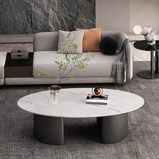 Glam 15.7" H Oval Slate Coffee Table Iron 2 Legs Cocktail Table