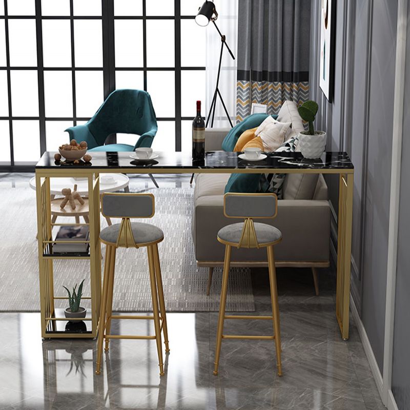 Glam Rectangle Stone Pub Bar Table Gold Iron Double Pedestal Bar Dining Table with 2-Shelf Clearhalo 'Bar Furniture' 'Bar Tables' 'bar_tables' 'furn' 'furn_bar_tables' 'Furniture' 'furniture_bar_tables' 'Kitchen & Dining Furniture' 'kitchen&dining_furn' 'kitchen' 1200x1200_f9e2cf95-e0c3-4d00-ab9c-6bff4761960f