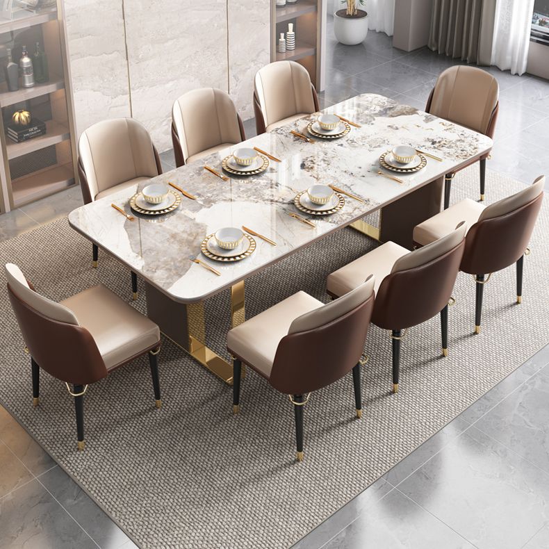 Modern Sintered Stone Table Set of 5/7 with Rectangle Table Dining Set with Gold Double Pedestal Clearhalo 'Dining Room Sets' 'Dining Tables & Seating' 'dining_room_set' 'furn' 'furn_dining_room_set' 'Furniture' 'furniture_dining_room_set' 'Kitchen & Dining Furniture' 'kitchen&dining_furn' 'kitchen' 1200x1200_f9e6db52-8bcb-402d-9da6-025774b3f0a4