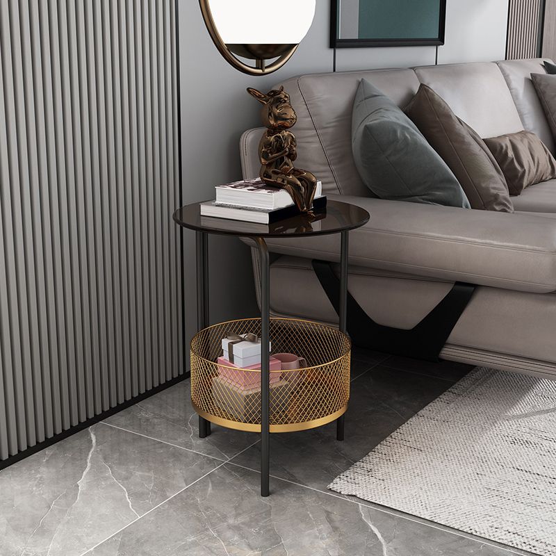 23.6" Tall Modern Round Glass Top Side Table Iron 3 Legs End Table with Storage