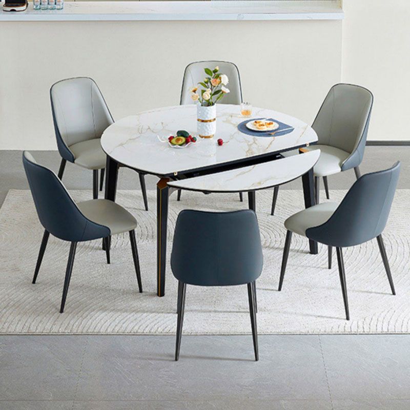 White Contemporary Round Stone Dining Table with Double Drop Leaf