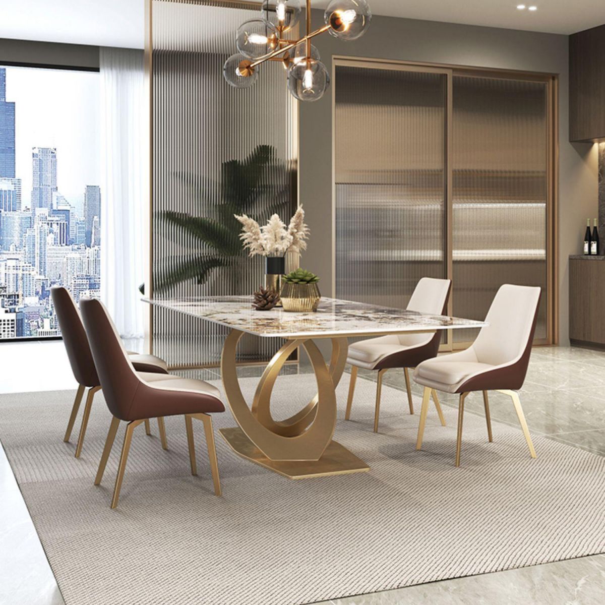 Set di tavoli da pranzo beige lucido 1/2/5/7 PC glam dinette con sedie in pelle