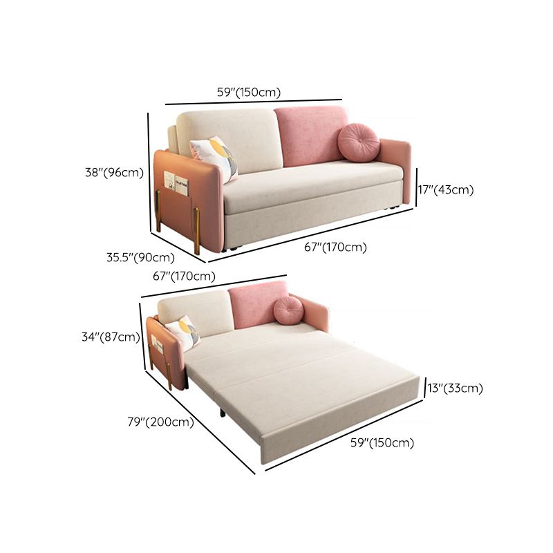 Square Arms Futon Foldable Pillow Included Pink Sleeper Sofa with Storage