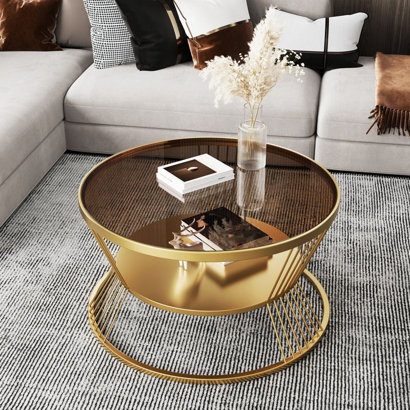 Round Coffee Cocktail Table Glass Top Frame Coffee or End Table with Storage Shelf Clearhalo 'Coffee & Accent Tables' 'Coffee Tables' 'coffee_tables' 'furn' 'furn_coffee_tables' 'Furniture' 'Living Room Furniture' 1200x1200_fa32269f-d299-4694-8cee-e37249934ec0