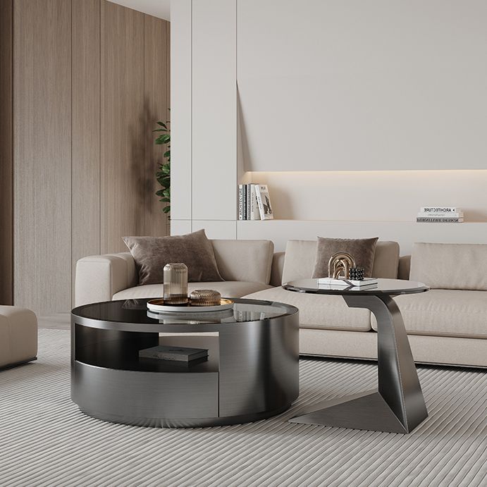 Contemporary Round Glass Coffee Table Set 1-Drawer 2 Piece Bunching Tables Clearhalo 'Coffee & Accent Tables' 'Coffee Tables' 'coffee_tables' 'furn' 'furn_coffee_tables' 'Furniture' 'Living Room Furniture' 1200x1200_fa3a1878-7b2b-4f46-8eb8-4d9d7f9b06f8