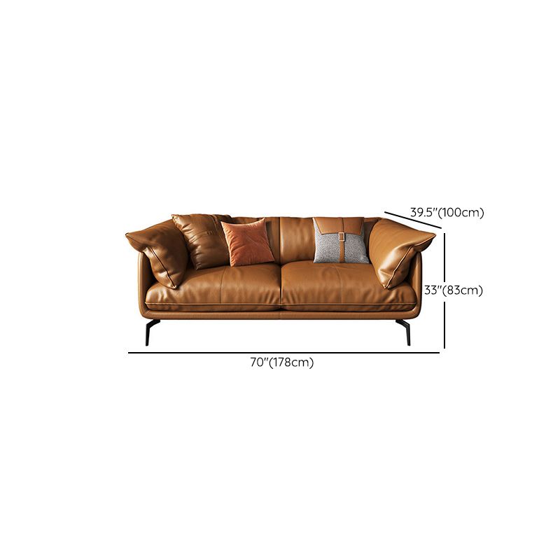 Modern Pillow Back Sofa Orange Genuine Leather Tuxedo Arm Sofa