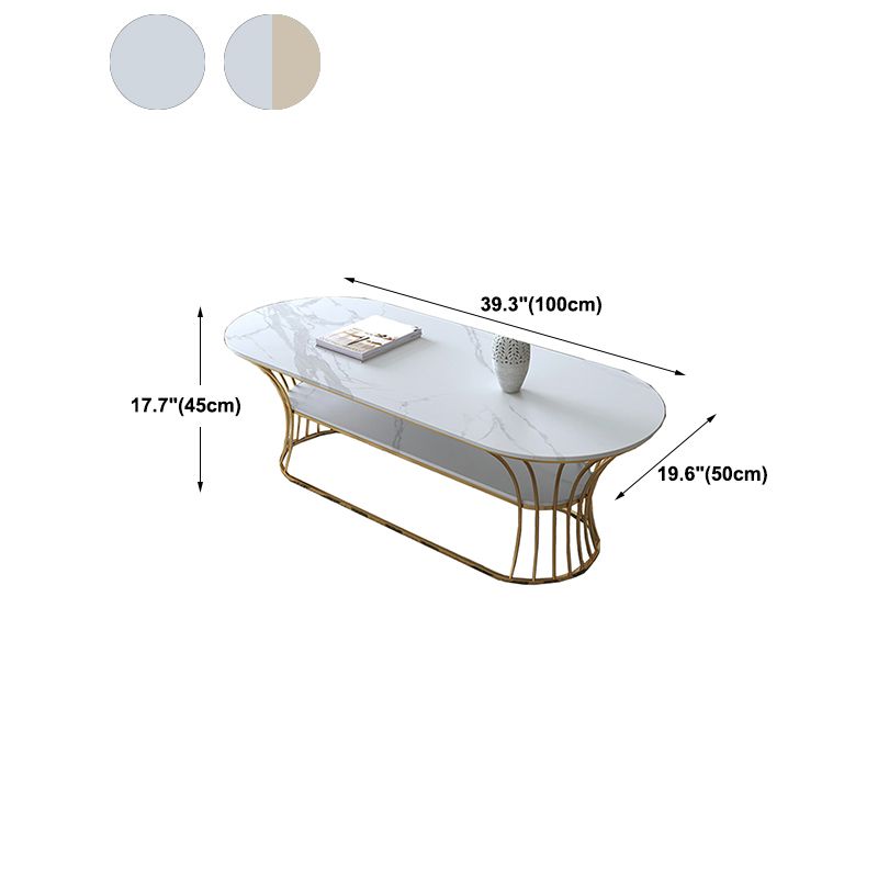 Glam Oval Slate Coffee Table with Iron Frame and Stone Top Cocktail Table