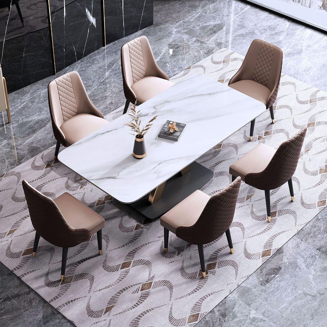 Contemporary Style Sintered Stone Dining Table with White Fixed Table and Gold Trestle Base Clearhalo 'Dining Room Sets' 'Dining Tables & Seating' 'dining_room_set' 'furn' 'furn_dining_room_set' 'Furniture' 'furniture_dining_room_set' 'Kitchen & Dining Furniture' 'kitchen&dining_furn' 'kitchen' 1200x1200_fa74170a-9334-4842-b11c-5729ad5be153