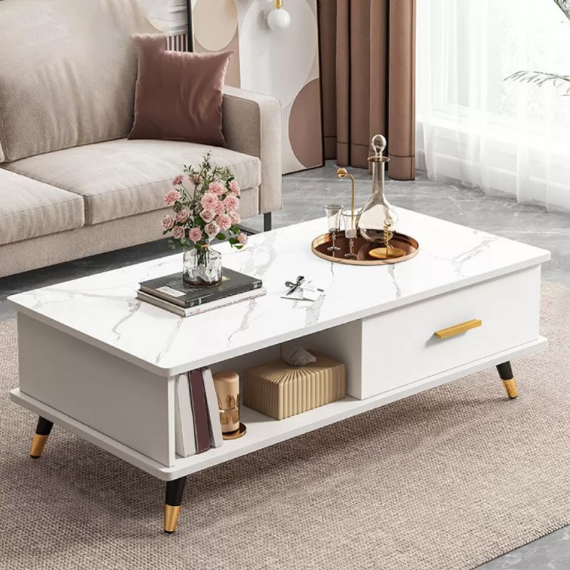 Contemporary 4 Legs Coffee Table Stone Cocktail Table with Storage Drawer