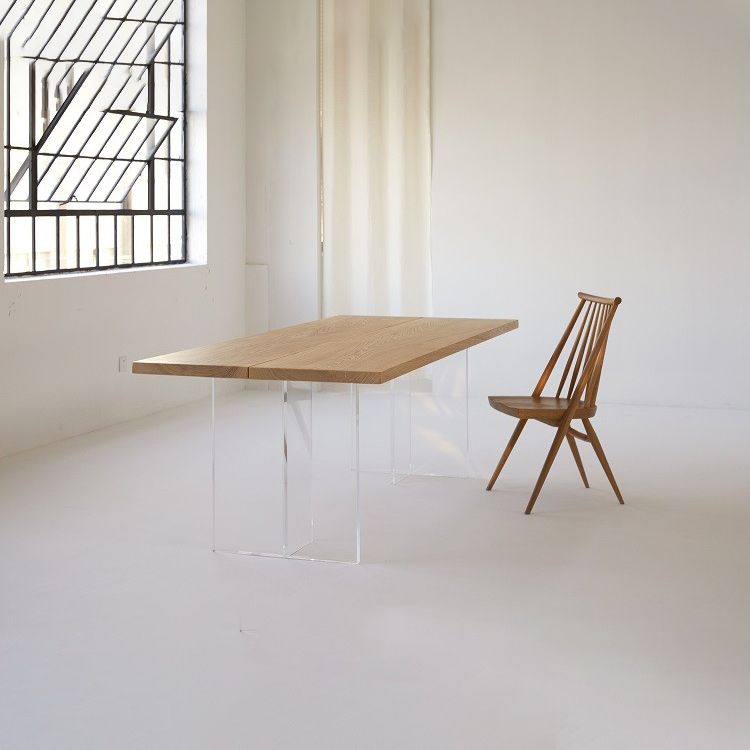 Modern Pine Wood Table for Restaurant Rectangle Dining Table with Acrylic Double Pedestal