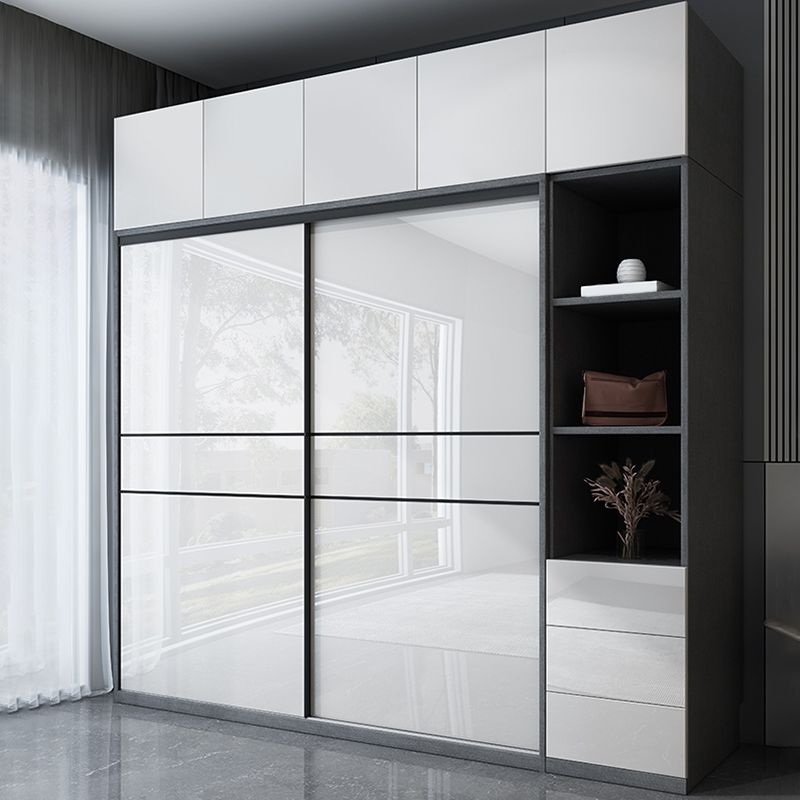 Armadietto moderno moderno moderno di stoccaggio in legno bianco lucido con porte scorrevoli
