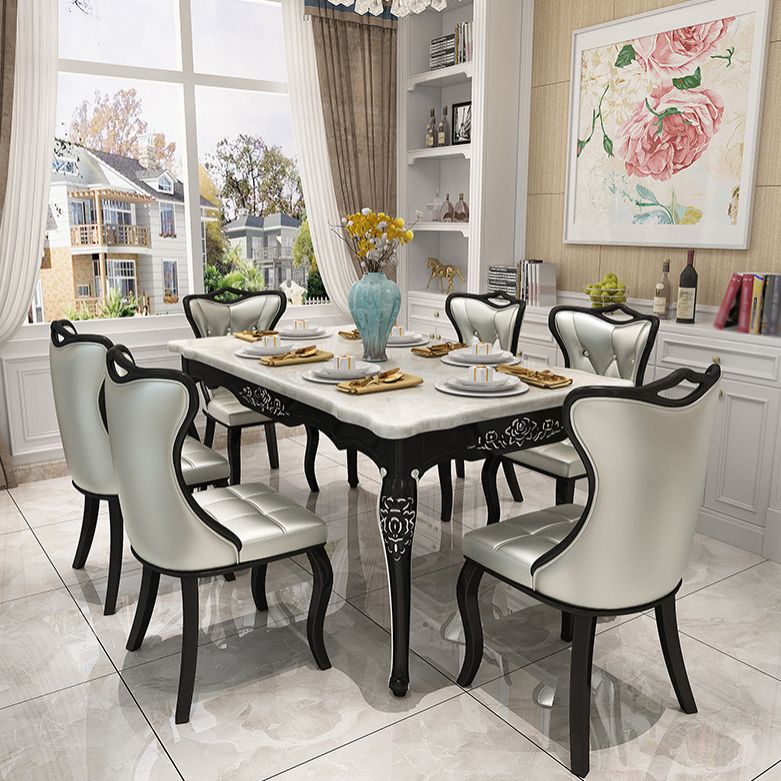 Victorian Style Marble Dining Set with White Rectangle Table and 4 Black Legs Base for Home Use Clearhalo 'Dining Room Sets' 'Dining Tables & Seating' 'dining_room_set' 'furn' 'furn_dining_room_set' 'Furniture' 'furniture_dining_room_set' 'Kitchen & Dining Furniture' 'kitchen&dining_furn' 'kitchen' 1200x1200_fabe6449-cf43-4398-a66c-c89114bb6569