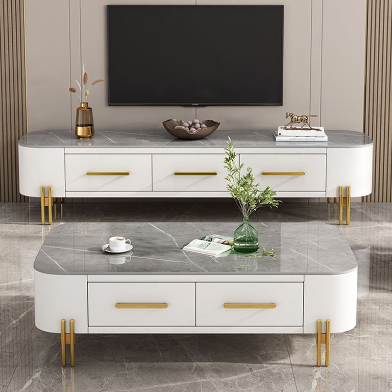 Modern Metal 4 Legs Cocktail Table Rectangle Slate Coffee Table with 2 Drawers