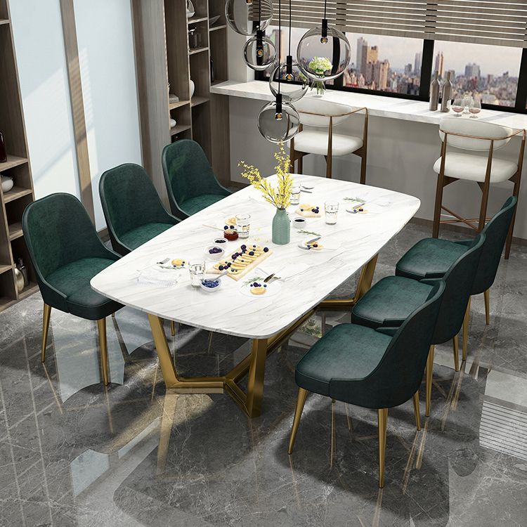 Rectangle White Sintered Stone Top Table Trestle Base Dining Table, Metal in Gold Clearhalo ' dining_table' 'Dining Tables & Seating' 'Dining Tables' 'furn' 'furn_dining_table' 'Furniture' 'furniture_dining_table' 'Kitchen & Dining Furniture' 'kitchen&dining_furn' 'kitchen' 'kitchen_dining_table' 1200x1200_faebb59b-bece-42ae-bb8e-105fcb4d3607