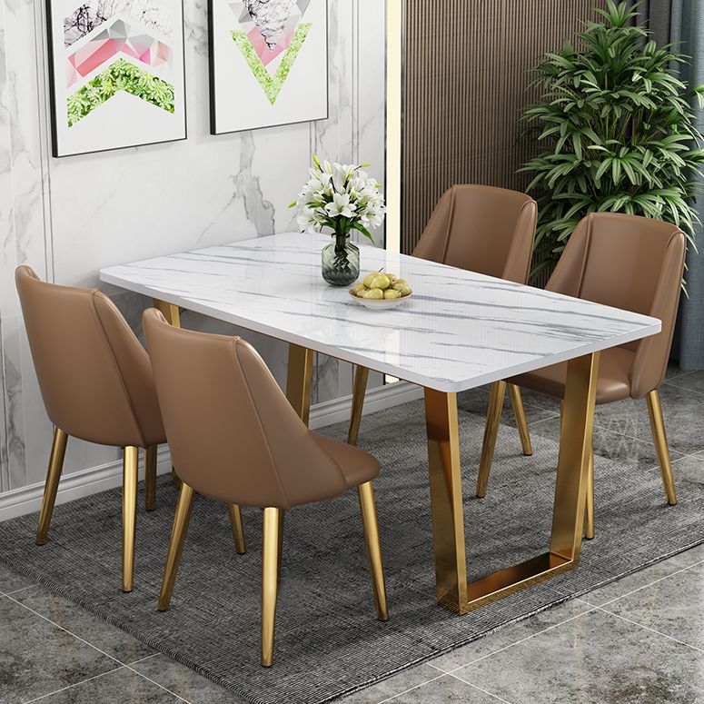 Table rectangulaire de luxe traditionnelle en métal, table en pierre frittée blanche avec base luge
