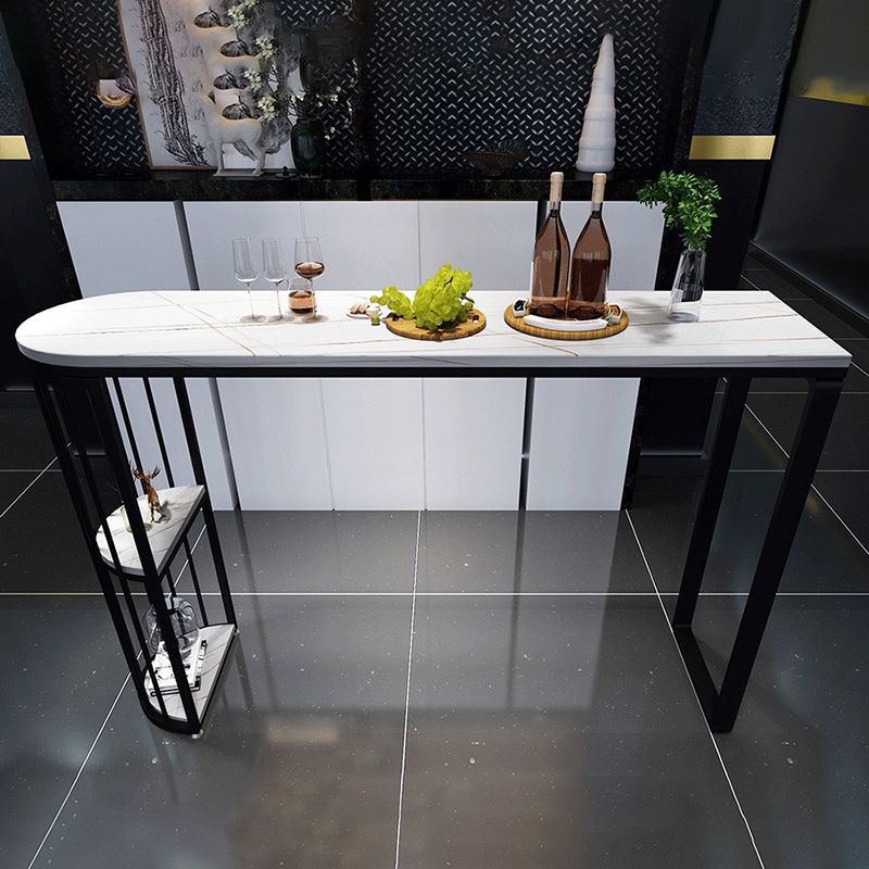 Table de bar en pierre frittée blanche, base en métal, table de salle à manger avec étagères de rangement