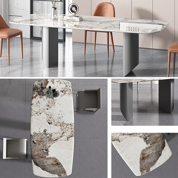 Sintered Stone Dining Table Modern Table in White with Grey Double Pedestal Clearhalo ' dining_table' 'Dining Tables & Seating' 'Dining Tables' 'furn' 'furn_dining_table' 'Furniture' 'furniture_dining_table' 'Kitchen & Dining Furniture' 'kitchen&dining_furn' 'kitchen' 'kitchen_dining_table' 1200x1200_faf62226-cab0-40cf-8e92-66bab66694c5